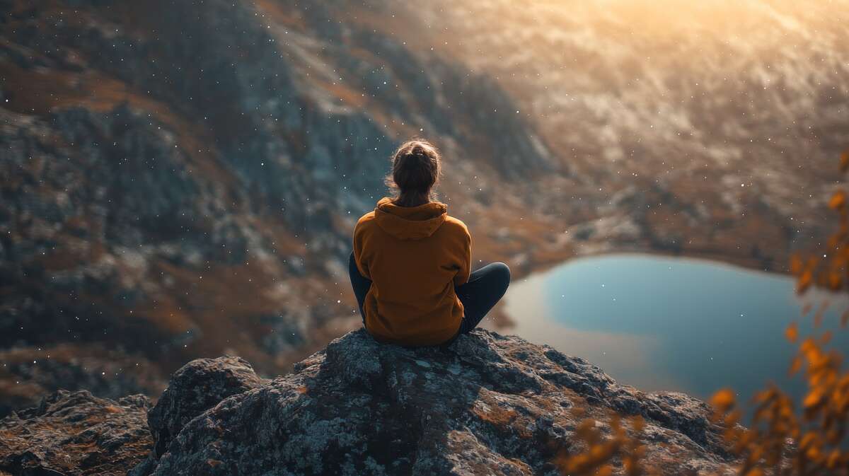 Personne méditant dans un paysage naturel, pratiquant la pleine conscience